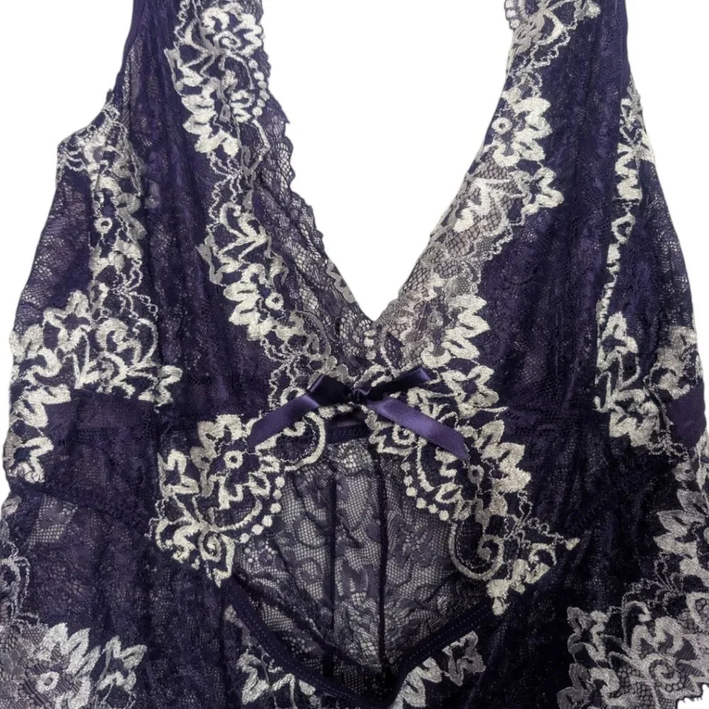 NWOT Dark Purple and White Lace Teddy, Size 2XL